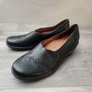 Hush Puppies Black Leather Comfort Wedge Slip On Flats Shoes Women 10 M EUC